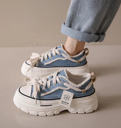 2025 Autumn New Women's Canvas Shoes Round Head Thick Soles Fringed Denim Casual Shoes Increased Height Sports