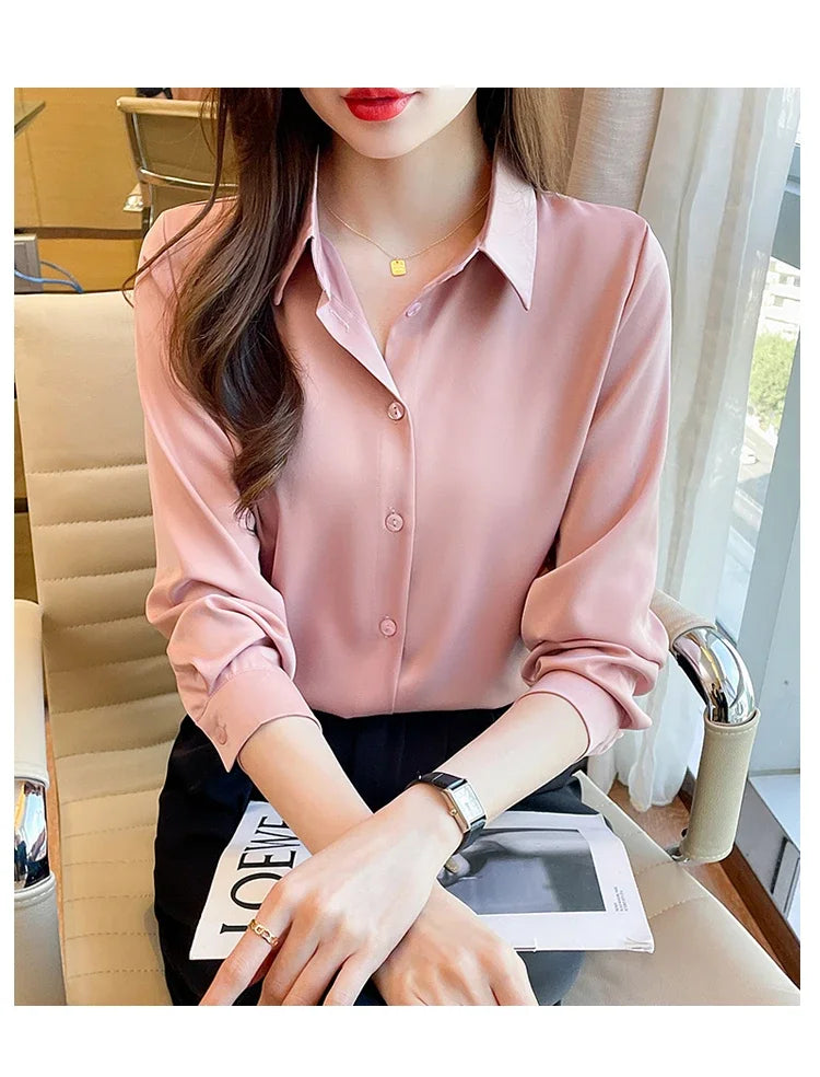 Fashion elegant satin shirts solid color ladies shirts causal Women's Blouses Spring Long Sleeve Shirts Tops Blusas Mujer
