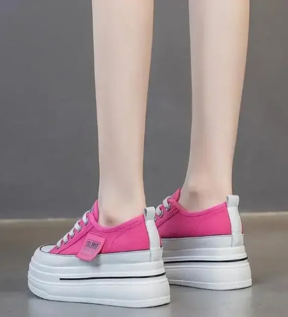 Vulcanized Platform Sneakers Wedge Shoes Non-slip Casual Shoes Women 2025 Autumn Lace-up Comfort Denim Canvas Shoes Thick Sole