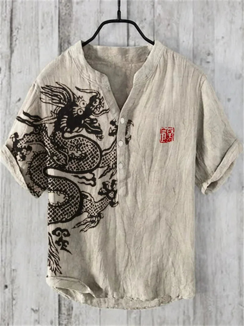 Men's linen short sleeved shirt, summer Chinese retro casual shirt