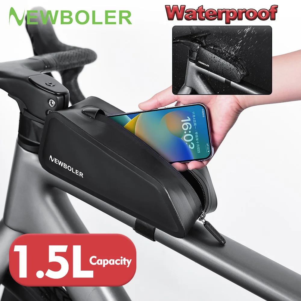 NEWBOLER Bike Bag 1.5L Portable Frame Front Tube Cycling Bag MTB Road Bicycle Pannier Bag Large Capacity EVA Cycling Bag
