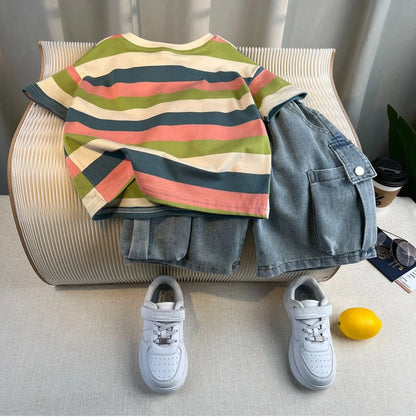 Hot Sale Fashion Baby Boy Suit Summer Clothes Short Sleeve T-shirt Short Jeans 2 Piece Set Kids Outfit 2-11Y Children's Costume