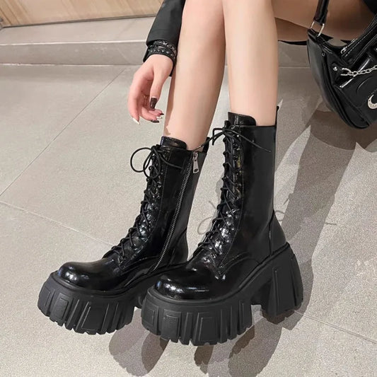 Fashion Platform Mid-calf Boots Black Thick High Heel Punk Short Boots Goth Style Cool Girl Spring Autumn Street Women's Shoes