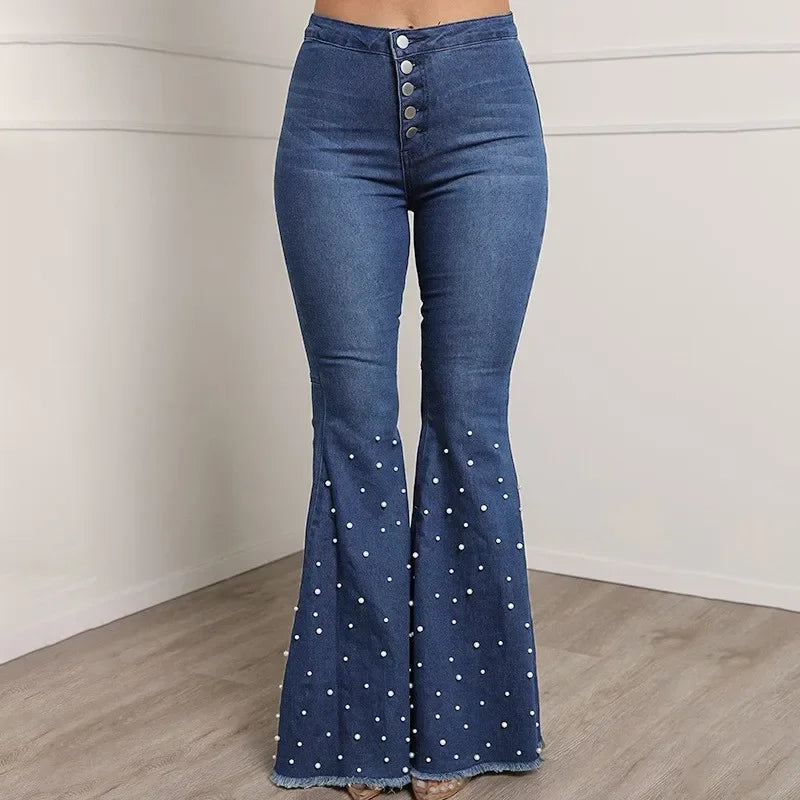 Denim Flare Pants Women Washed Jeans High Waist Slim Fit Pockets Embroidered Flares Vintage Trousers Full Length Casual Denims