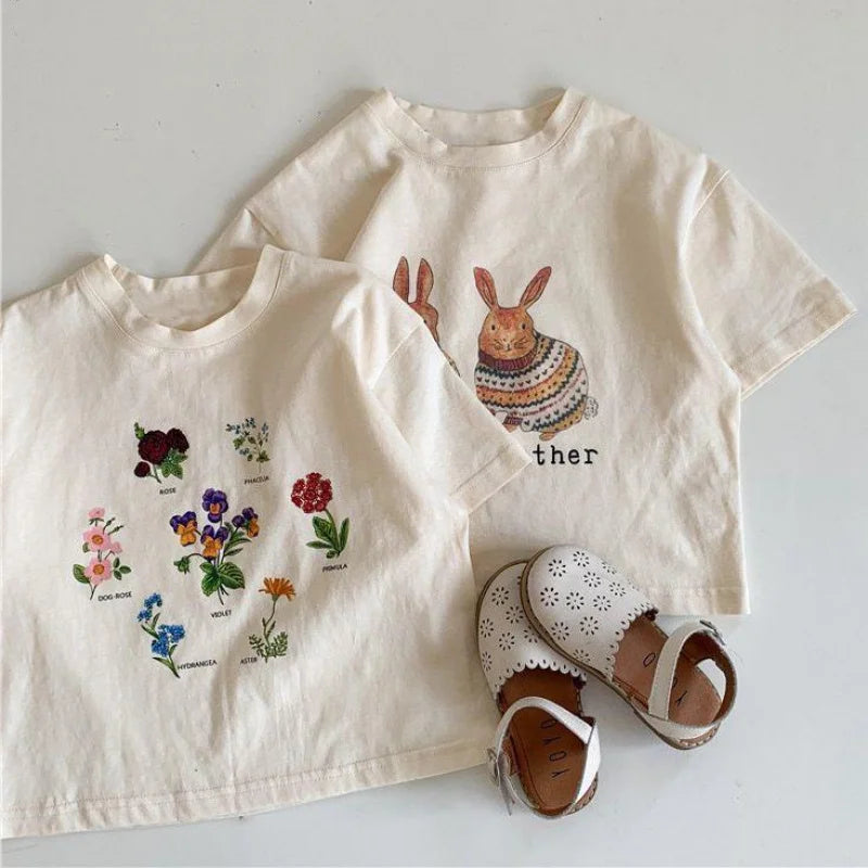 Summer Toddler Baby Girl Solid Cotton Clothes Short Sleeve Cartoon Rabbit Printed T-shirts Kids Leisure Ins Tops Tees