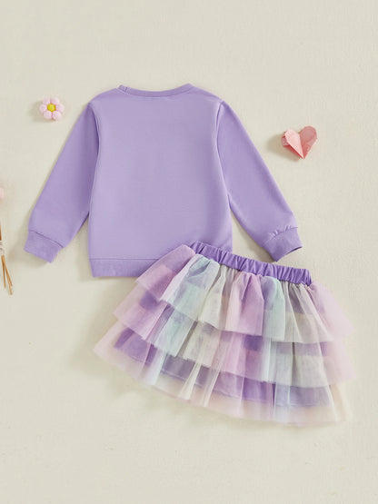 Citgeett Autumn Kids Toddler Girl Birthday Outfit Heart Letter Embroidered Long Sleeve Sweatshirt Contrast Tulle Skirt Set