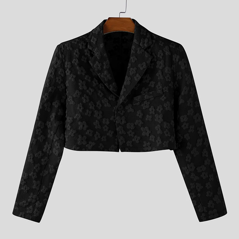 INCERUN Men Blazer Flower Jacquard Lapel Long Sleeve Crop Coats Men Streetwear Autumn 2025 One Button Fashion Casual Male Suit