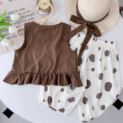 Bear Leader Girls' Set 2026 New Summer Solid Ruffled Top+Polka Dot Pants Set Fashion Baby Set Girl Baby Casual Sleeveless Set