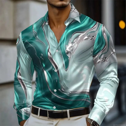 Men's shirt abstract liquid art 3D print shirt, spring and autumn lapel long-sleeved shirt, fashionable casual men's top