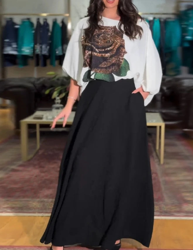 Women Casual Suits 2024 Spring/summer Latest Sketch Neck Rose Print Lantern Sleeves Long Sleeves Top&vacation Wide Leg Pants Set