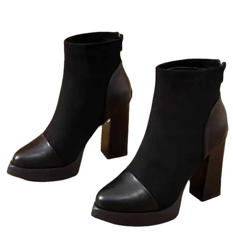 European and American Pointed Short Boots 2023 Winter New Short Tube High Heels Splicing Style Fashion Boots Zapatos De Mujer