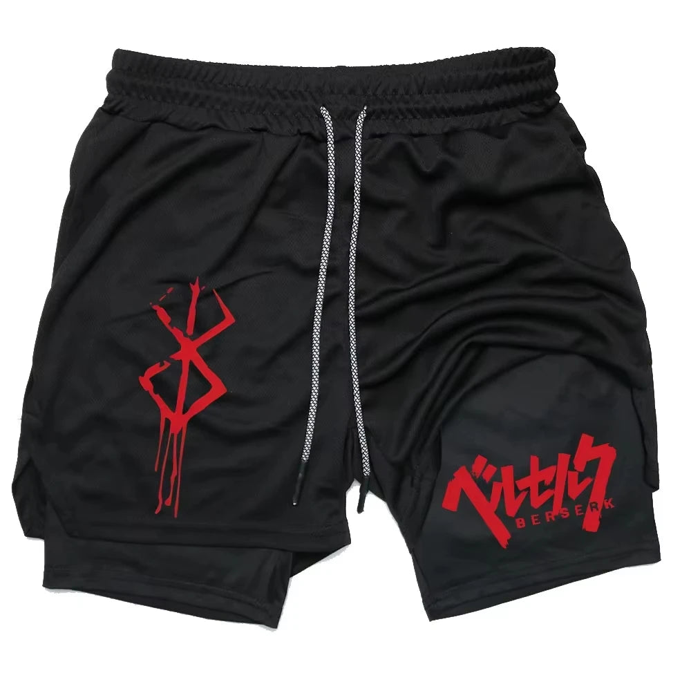 ‌Anime Berserk 2 in 1 Compression Shorts for Men - Running, Training, Yoga Gym Workout Sportswear with Pockets RL0018