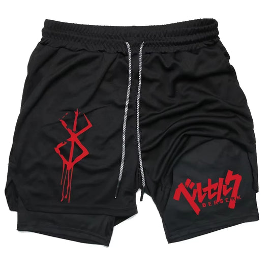 ‌Anime Berserk 2 in 1 Compression Shorts for Men - Running, Training, Yoga Gym Workout Sportswear with Pockets RL0018
