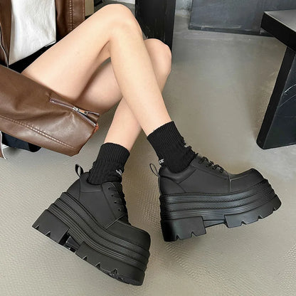Women Platfrom Pumps Shoes Black Lace-up Leather Female British Style Spring Autumn New Heightening High Heels Mary Jane Loafers