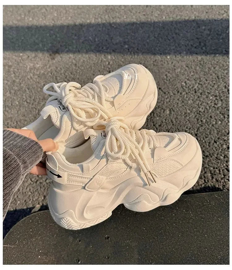 High Platform Sneakers Women Leather Dad Shoes Women Black Chunky Sneakers Thick Sole Shoes 2025 Fashion Height Increasing Shoes