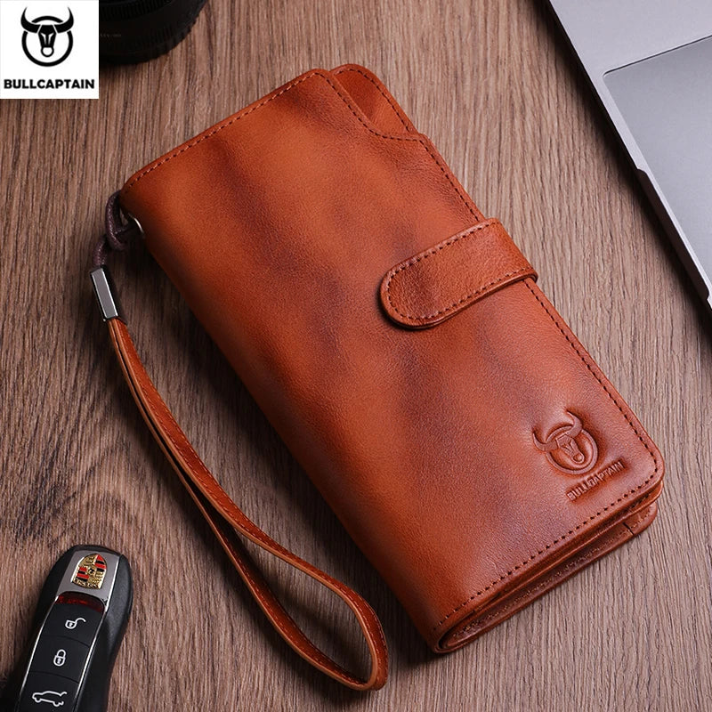 BULLCAPTAIN Men Long Wallet Clutch Bag Credit Card Holder Purses Carteras Billetera Hombre Leather Money Portfe Carte