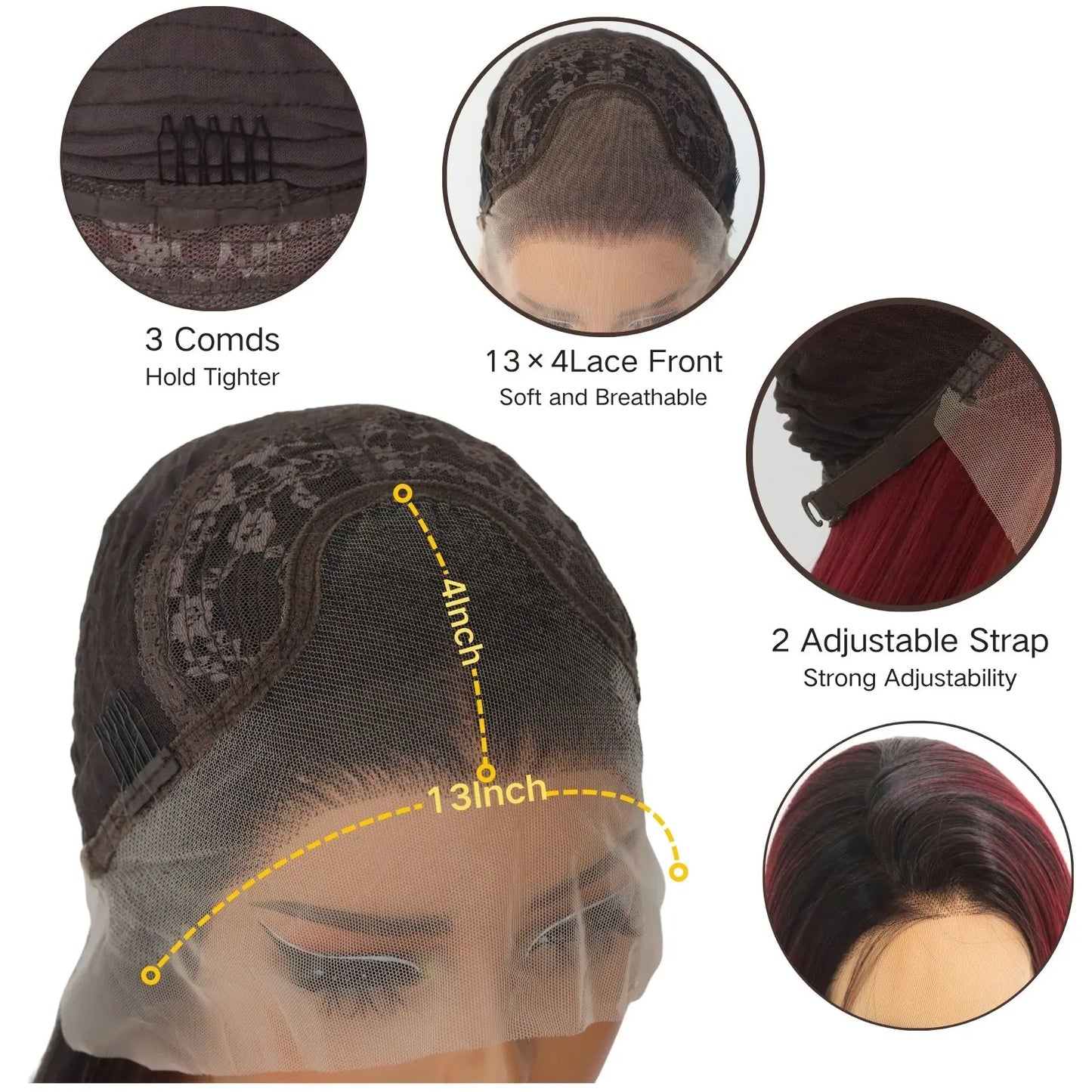 Ombre Burgundy Lace Front Wig Long Straight Ombre Wine Red 13x4 Synthetic Lace Front Wigs for Women 24Inch