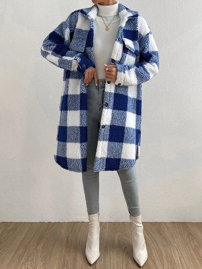 Cardigan 2023 Autumn Long Sleeved Turn-down Collar Plush Plaid Coat Loose Temperament Commuter Longline Jacket Women Outerwear