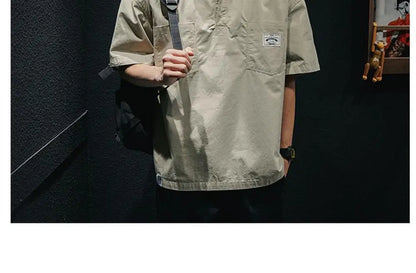 American Retro Men's  irt Summer Loose Workwear ort Sve T-irt Simple Sle Youth Trend ket Design Flat Iron