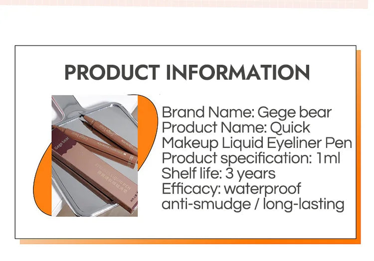 GEGE BEAR Precision Tip Fast Driving Quick Draw Liquid Eyeliner Pen Daily Use Waterproof Smudge Proof Long Last Eyeliner Pencil