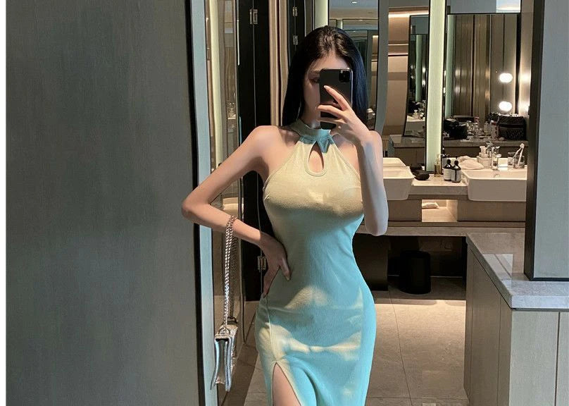 Vintage French Dress for Women Sleeveless Halter High Waist Slit Long Dresses Summer New Chic Temperament Vestidos