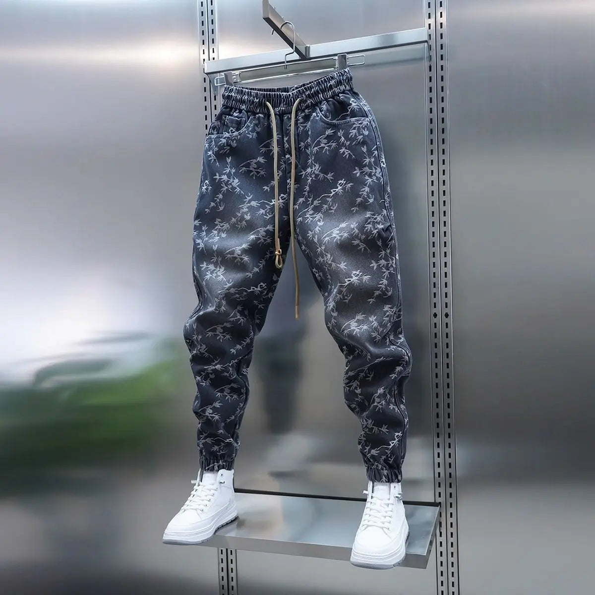 Trendy Men's Spring and Summer New Jeans Light Blue Heavy Industry Jacquard Leggings Thin Designer Luxury Elastic Waist Pants