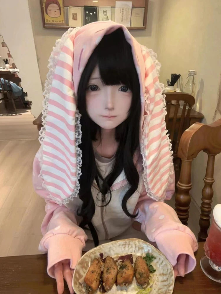 Aoaiiys Japanese Hoodies Women Kawaii Rabbit's Ears Loose Outerwear Strawberry Dot Print Aesthetic Sweatshirt Autumn Winter New