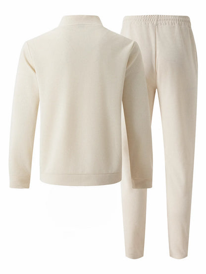 Men's Spring Casual Blazer Set Waffle Baseball Suit round Neck Zipper Long Sleeve Two-Piece Fashion Outfit with Pocket