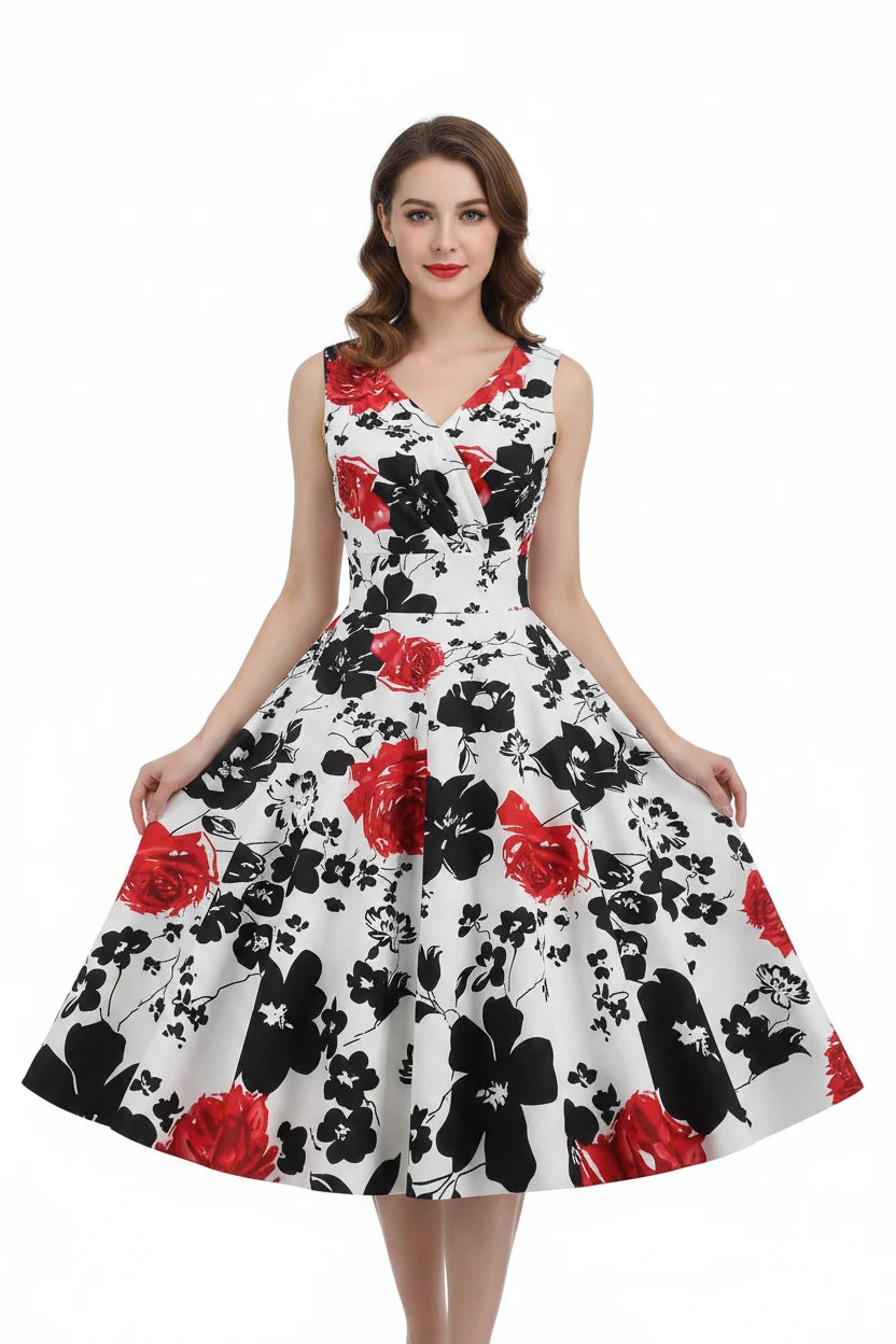 Floral Print 1950s 60s Vintage Women Dress Elegant Summer Robe Ladies Sleeveless V Neck A Line Swing Rockabilly Dresses 2025