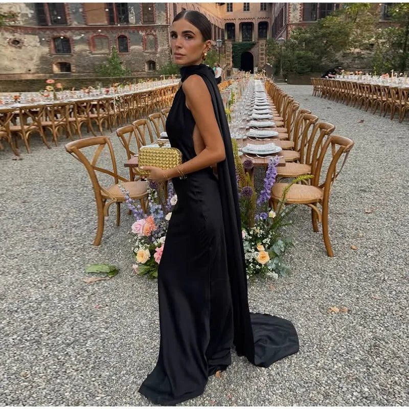 Ribbon Satin Long Party Dress Women Elegant Solid Sleeveless Female Backless Dresses 2026 Summer Autumn Lady Evening Club Gowns