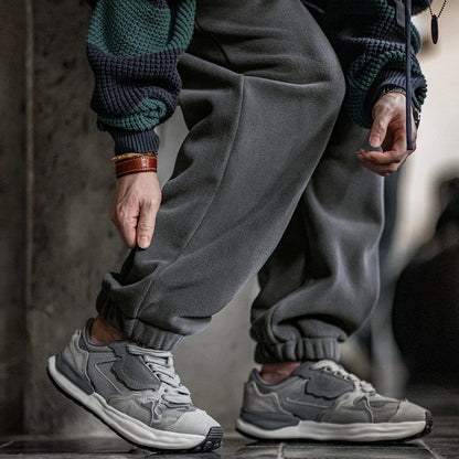 Maden Men's Casual Solid Color Polar Fleece Cuffed Sweatpants Elastic Waist Fleece-lined Pants Warm Sports Straight-leg Trousers