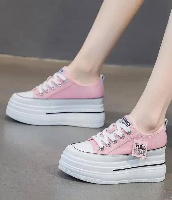 Vulcanized Platform Sneakers Wedge Shoes Non-slip Casual Shoes Women 2025 Autumn Lace-up Comfort Denim Canvas Shoes Thick Sole