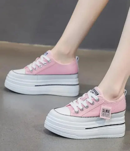 Vulcanized Platform Sneakers Wedge Shoes Non-slip Casual Shoes Women 2025 Autumn Lace-up Comfort Denim Canvas Shoes Thick Sole