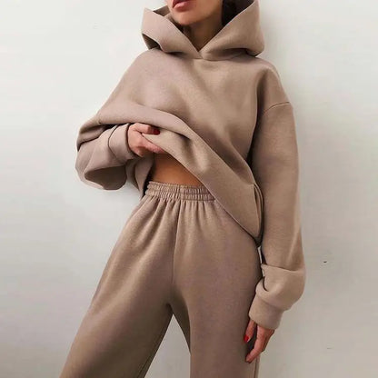 Two Piece Pant Sets Women Solid Thick Sweatshirts Hooded Full Sleeve Elastic Waist Spliced Long Pants Pockets Casual Suits