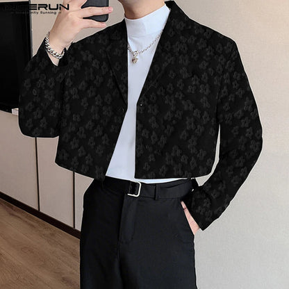 INCERUN Men Blazer Flower Jacquard Lapel Long Sleeve Crop Coats Men Streetwear Autumn 2025 One Button Fashion Casual Male Suit
