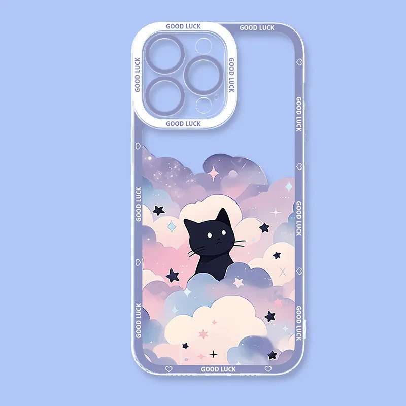 Starry Sky Black Cats Clear Phone Case For iPhone 15 14 13 11 12 16 Pro XS Max Mini XR X SE 7 8 Plus Transparent Cover Fundas