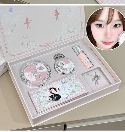 NICEKEY Pink Ballet Makeup Box Include 1*Lip mud,1*Pressed Powder,1*Highlight Powder,1*Eyeshadow Palette Powder With Necklace