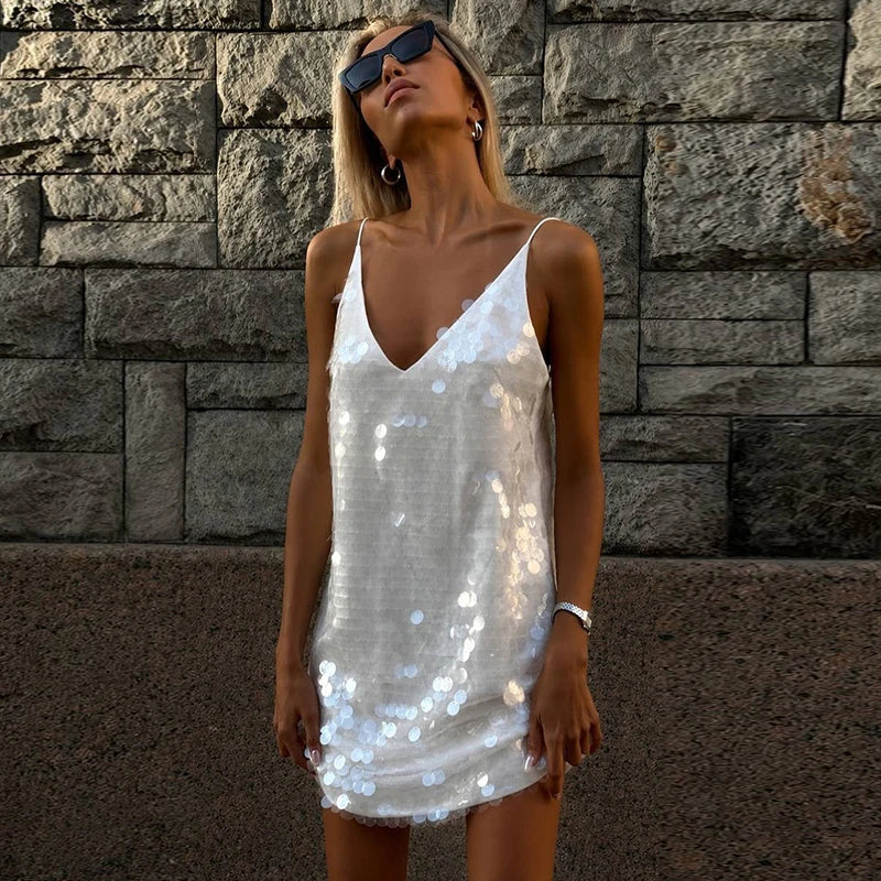 Casual Sequined Loose Sling Short Dress Women Sleeveless Backless Shinny Party Mini Dresses Female 2026 Summer Autumn Lady Robes