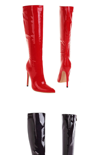 Arden Furtado Patent Leather Skinny boots Pointed toe Side zipper Super high heel Knee high boots Extra large size boots