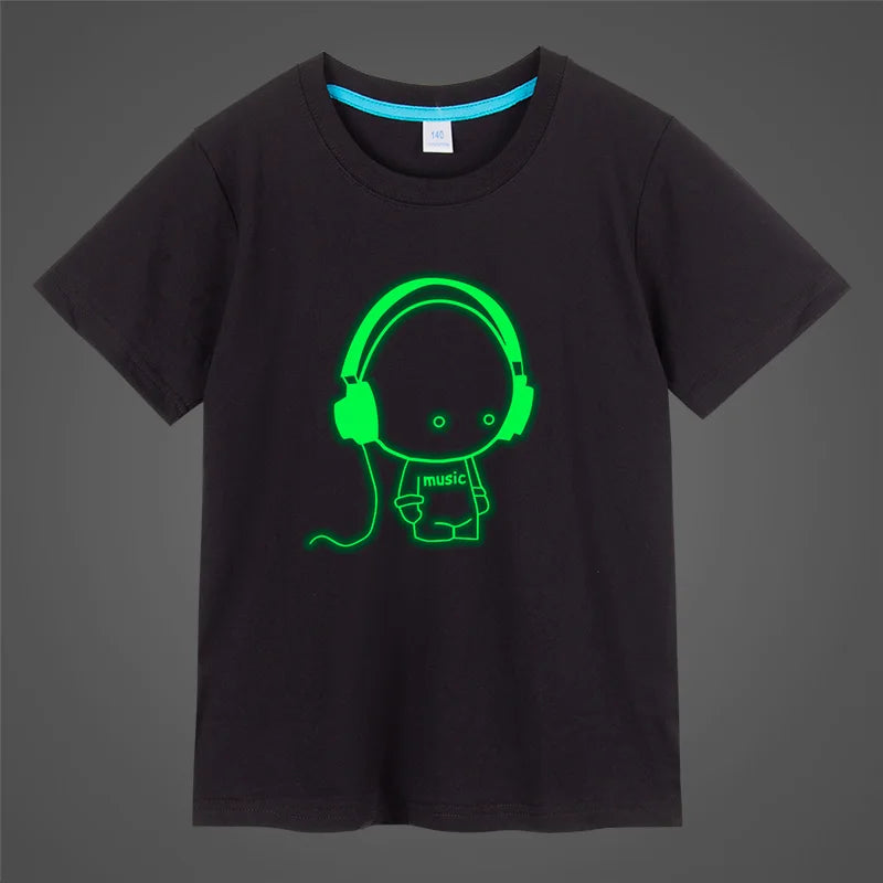 Boys Girls music Print Noctilucence Luminous T-shirts Summer men woman Kids Neon Party Club Night Light Punk Tops Tees