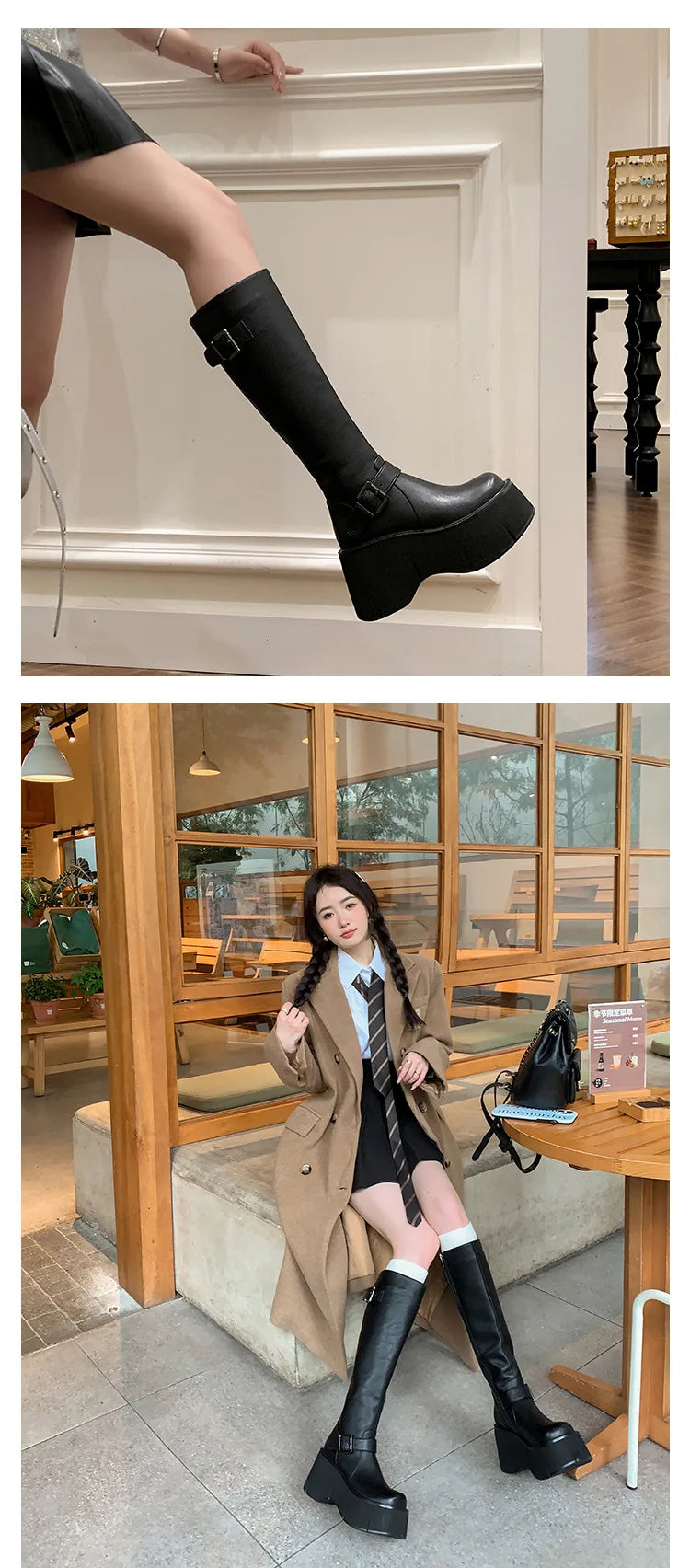 2024 Women's Shoes Basic Women's Boots Classics Knee-High Boots Women Belt Buckle Side Zip Round Toe Wedge Platform Shoes Ladies