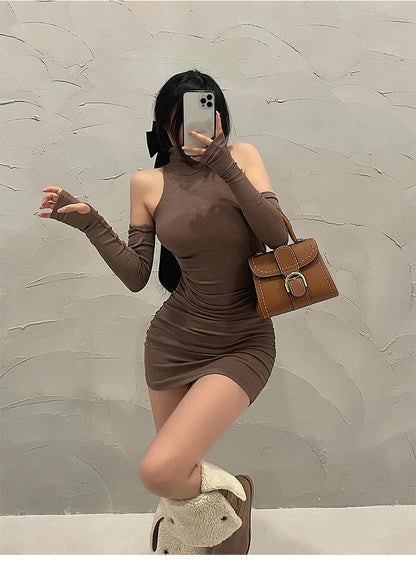 2025 New Women's Mini Dress Sleeveless Pleated Skinny Dress High Neck Lace Up Autumn Black Tight Elastic Party Tank Dresses