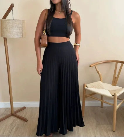 Fashion and Versatile Pleated Camisole Top and Loose Wide Leg Pants Set for Women's Summer Sexy Slim Fit Pants 2-Piece Set