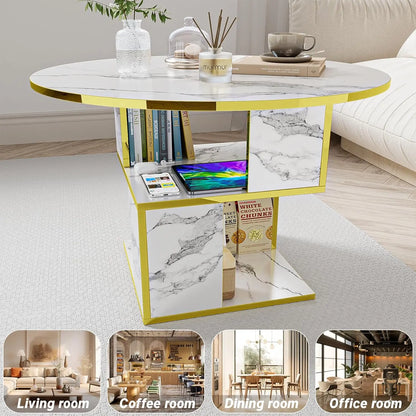 3-Tier Round Coffee Table with Storage, Modern Coffee Table for Living Room, Wooden Tabletop-Marble White with Gold Frame