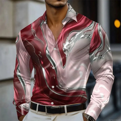 Men's shirt abstract liquid art 3D print shirt, spring and autumn lapel long-sleeved shirt, fashionable casual men's top