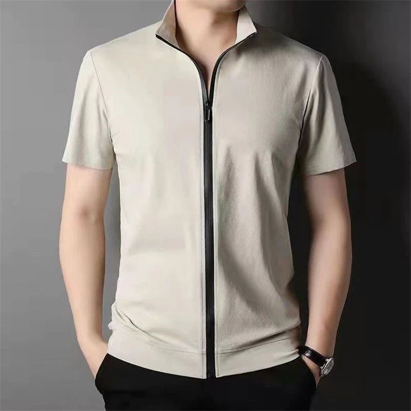 2023 Men Summer Trend Stand Collar Zipper Cardigan Shirts Solid Short Sleeve Comfortable Business Casual Top Ropa Hombre Camisas