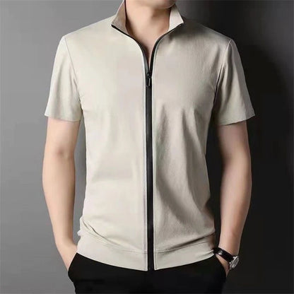 2023 Men Summer Trend Stand Collar Zipper Cardigan Shirts Solid Short Sleeve Comfortable Business Casual Top Ropa Hombre Camisas