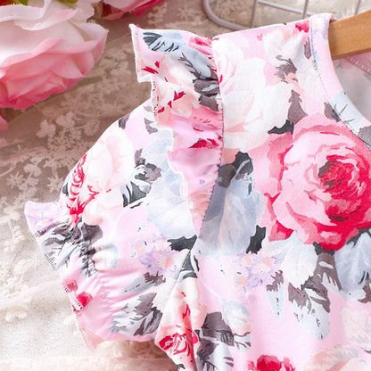 New girls' summer style bubble sleeve flower printed mesh dress