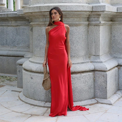Ribbon Satin Long Party Dress Women Elegant Solid Sleeveless Female Backless Dresses 2026 Summer Autumn Lady Evening Club Gowns