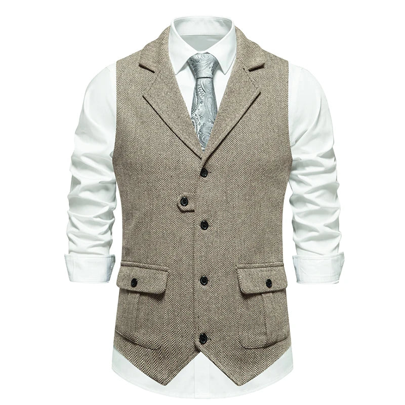 New Men's Retro Lapel Vest Herringbone Coarse Tweed Pockets Suit Vest British Casual Vintage Gentleman Leisure Party Bar Banquet